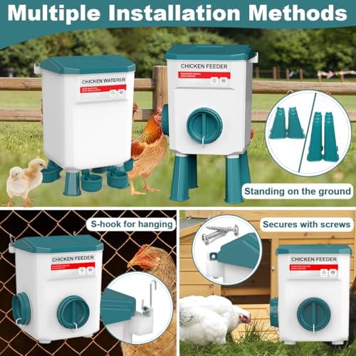 Chicken Feeder and Waterer Set, 1.9 Gallon/17.7 Pounds, Automatic Chicken Feeders and Chicken Waterer, Detachable for Chickens, Duck & Quail Coop Use, Outdoor Farm & Backyard (Lake Blue)