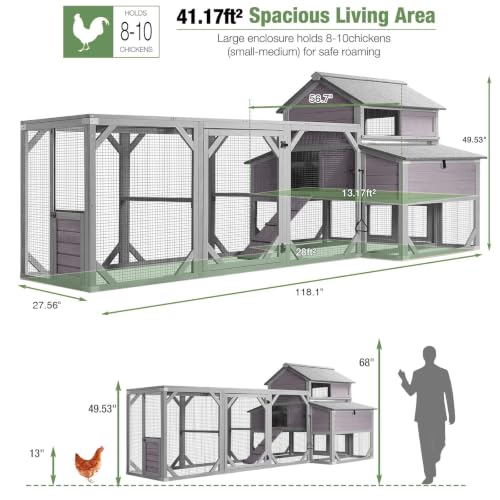 Large Chicken Coop with Run for 8-10 Chickens, Wooden Outdoor Hen House with 3-Section Nesting Box, Walk-in Poultry Cage, Pull-Out Metal Tray, Multiple Perches, Secure Ventilated Design