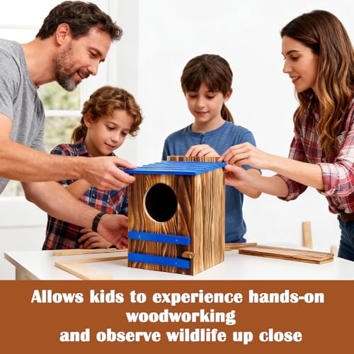 Screech Owl House for Outdoors,10"x10"x15" Large Carbonized Wood Barred Owl Nesting Box, Weather-Resistant Bird House with Blue Roof, Ventilation & Replaceable Perch, Garden Wildlife Habitat Gift