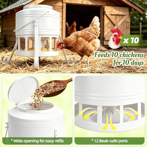 Metal Chicken Feeder, 20Lbs Large No Waste Chicken Feeder with 12 Ports, Heavy Duty Poultry Feeder with Lid & Handle, Rat Proof Rust Proof Feed Box for Chickens Ducks Geese Backyard Farm (White) - color: White