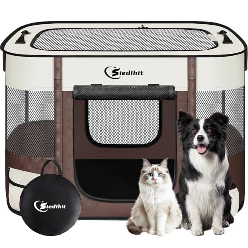 Siedihit 31" Dog Playpen,Cat Puppy Pen, Pet Portable Crate Indoor Outdoor | Durable Travel Camping Use,Foldable Dog Kennel Tent Cage for Rabbit Small Animals with Carrying Case(Brown, Medium) - color: Brown, size: Medium