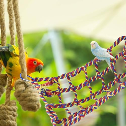 Parrot Climbing Net, Colorful Woven Pets Climbing Net with 4 Hooks, Small Animal Hanging Hammock Net Rat Cage Accessories for Parrot, Hamster (Red, M)