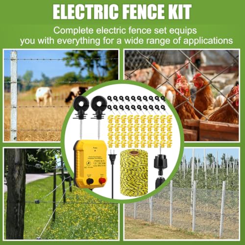 Electric Wire Fence Kit, 25 Mile 110vac 1 J Plug in Fence Charger with 656 ft Polywire, 40 T Post Insulators, 20 Screw in Insulators for Pasture Farm Horse Cattle Poultry Fencing - size: 656FT, style: 1J