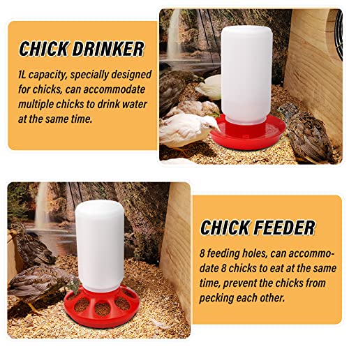 Chicken Feeder and Waterer Set Hanging Chicken Waterer Feeder for Poultry Duck Quail Chick Baby Automatic Chicken Feeders no Waste Bird Water Dispenser Chicken Coop Accessories Supplies (Red) - color: Red