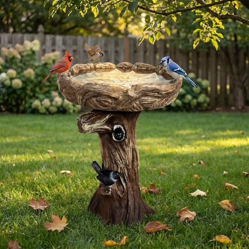 watnature 23” Tall Fibre Reinforced Concrete Birdbaths with Birds for Patio, Woodland Tree Trunk Decorative Outdoor Bird Bath for Garden，Pedestal Birdbaths for Outdoors, Garden, Patio, Lawn, Backyard - color: Faux Wood With Bird, size: 17.7dia. x 23H