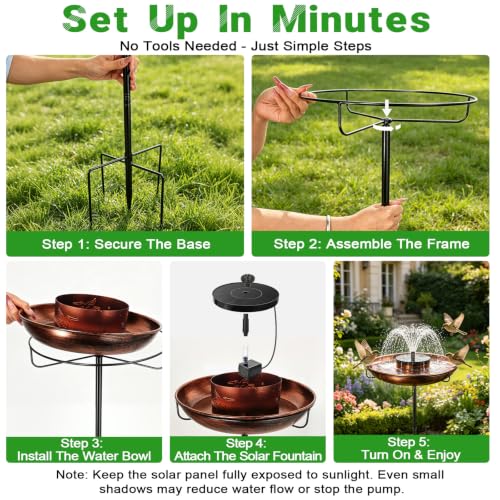 Metal Bird Bath with Solar Fountain, 38.8" Standing Bird Bath | Solar Fountain Feature Durable Metal Construction Removable Bird Bath Bowl Stable Ground Stake Design
