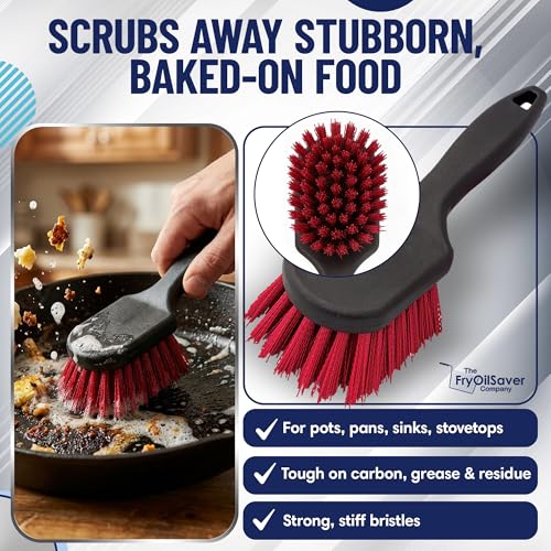 8 Inch Pot & Dish Kitchen Scrub Brush for Heavy-Duty Cleaning – Stiff Bristle Scrubber for Sink, Cast Iron, and Grill Grates - Kitchen Dish Scrubber Brush - 90048 by FryOilSaver Co.