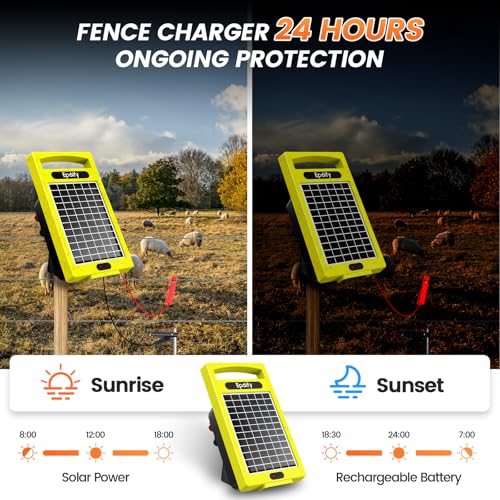 24-Hour Solar Electric Fence Charger, 0.32J, 20-Mile for Livestock | Portable All-in-One Energizer, 5700-10200V Pulse Output, 24/7 Solar Charging, Weatherproof, Deters Predators - color: Yellow