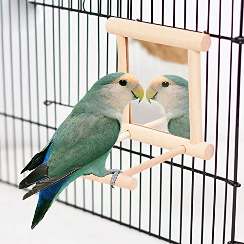HANZE Bird Mirror Swing with Rattan Ball | Natural Wood Parrot Toy with Metal Hooks for Macaws, Cockatiels, Parakeets, Lovebirds | Safe Chewing & Mental Stimulation - 2 Pack - color: 2 Pack