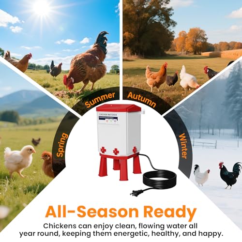 Heated Chicken Waterer 1.9 Gal, Winter, Freeze Proof Chicken Waterer, 4 Nipples for Clean Water，Detachable Legs, Adjustable Height for Chickens, Pigeons, Beaked Poultry
