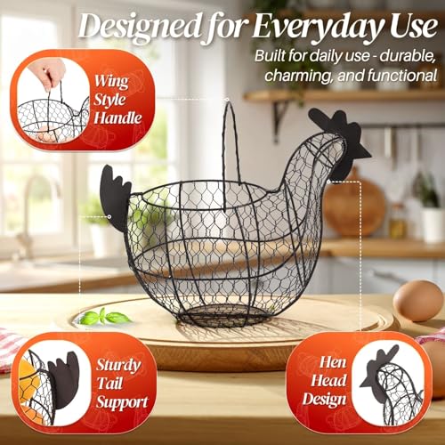 Flexzion Egg Basket for Gathering Fresh Eggs, Black Wire Chicken Egg Collecting Basket Countertop, 24-Egg Metal Holder with Handle, Chicken Shaped Basket for Farmhouse Kitchen Decor - size: Large Chicken Basket
