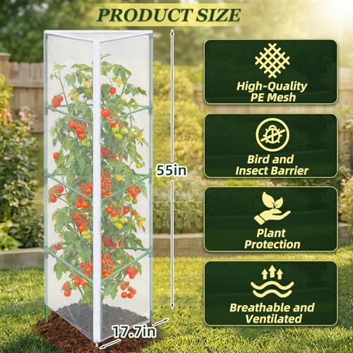 3PCS Garden Bird Netting for Triangle Tomato Cage with Zipper & Drawstring | 55" x 17.7" Inch Reusable Fine Mesh Plant Covers for Tomatoes, Fruits and Climbing Vines - size: 17.7x17.7x55in
