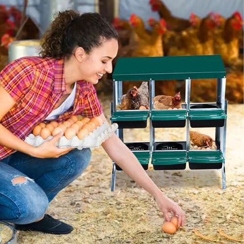 GarveeHome 2-Tier Chicken Nesting Box, 6 Compartment Metal Chicken Laying Boxes with Waterproof Roof ＆ Removable Trays for Hens, Poultry，Easy Egg Collection - color: Green, size: 37.6"L x 17.5"W x 9.4"H