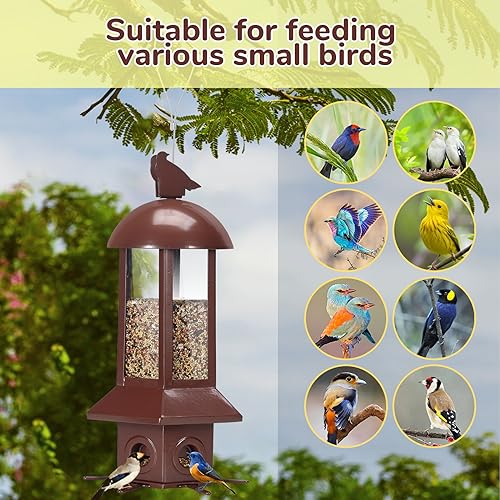 Squirrel Proof Bird Feeders, 5lbs Heavy Duty Metal (Brown) | Weight-activated mechanism bird feeders for outdoors, 6 Chew-proof feeding ports