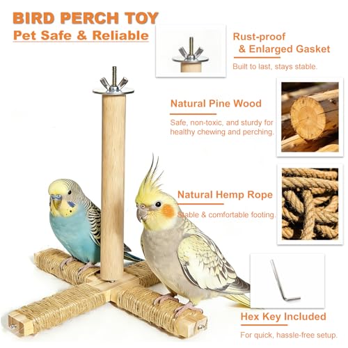 360° Rotating Bird Perch Stand - 4 Perches + 5 Natural Chew Strand, Natural Bird Cage Accessories, for Small & Medium Birds Parakeets Cockatiels Lovebirds Budgies - color: Natural