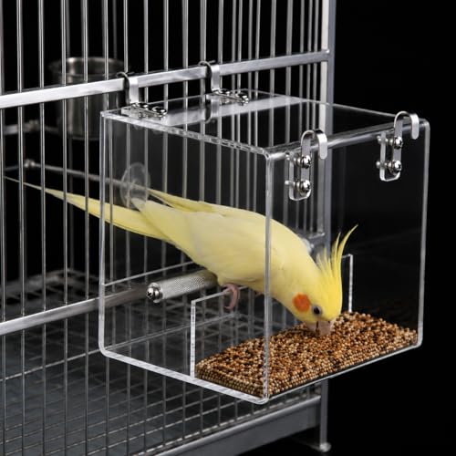 Pawfly No Mess Bird Feeder, Clear Acrylic Bird Cage Feeder, Hanging Bird Feeder for Cage, Parakeet Feeder, Bird Seed Catcher, Food Container for Parrot, Cockatiel, Budgie & Lovebird, Medium - size: Medium