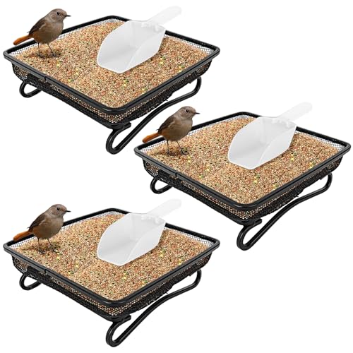 3 Pcs Platform Bird Feeder with Scoop, 6.7 x 6.7 x 2.2 in Ground Bird Feeder Tray Metal Square Squirrel Feeders Rust Resistant Mesh Seed Tray for Outside Wild Birds Dove | 6.7 x 6.7 x 2.2 in Rust Resistant Mesh Seed Trays For Wild Birds, Doves, Squirrels,