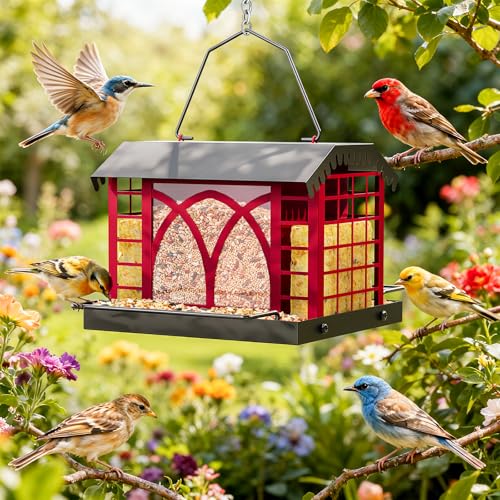 Bird Feeders for Outdoors Hanging, Metal Bird Feeder with Double Suet Cage Weatherproof Metal Roof, 3.5Lbs Large Capacity Great for Attracting Finch Cardinal Chickadee Wild Birds, Berry Red - color: Berry Red
