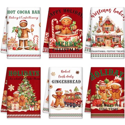 Oudain 6 Pcs Christmas Gingerbread Man Kitchen Towel Christmas Hand Towels Gingerbread House Dish Clothes Xmas Holly Candy Cane Hot Coco Tea Dishcloths for Home Kitchen Bathroom Winter Xmas Gifts - color: Gingerbread Man Style