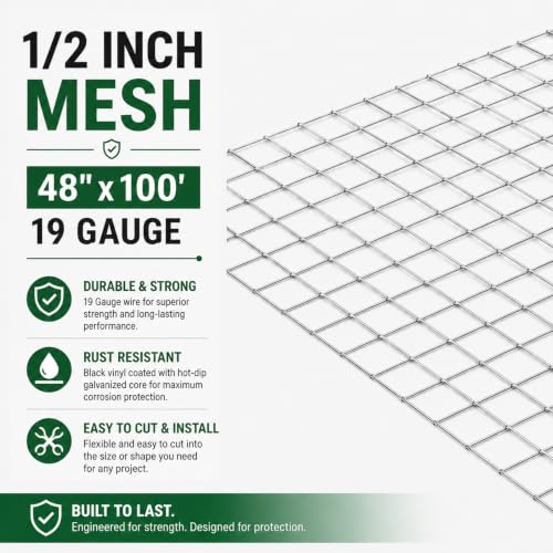 Hardware Cloth 1/2" Mesh Chicken Wire Fencing 48" x 100' 19 Gauge | Hot-dip Galvanized After Welding, Chicken Wire Fence, Wire Mesh Roll for Chicken Coop Cover, Garden Fence, Gopher Barrier