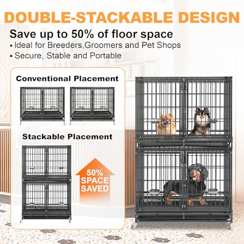 Homey Pet Taller 43" Dog Crate Cage Kennel Indoor with Divider, Two Tiers | Commercial Modular Dog Kennel with Dual Front Doors, Divider, Auto Locks, Removable Tray, Bowls for Small and Medium Dogs - size: 43"L - 2 Tiers