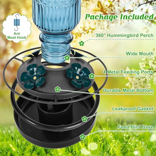 Glass Hummingbird Feeder for Outdoors Hanging, 16 oz Leak-Proof Nectar Feeder with Bee Guards & Ant Moat, 4 Metal Flower Feeding Ports, 360° Perch Ring, Easy Refill & Clean, Blue - color: Blue