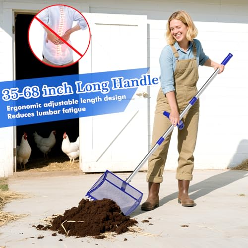 VEEMI Chicken Poop Scooper Rake 2-in-1,304 Stainless Steel Shovel Head, Chicken Litter Scoop with Handle for Chicken Coop for Sand, Pet Waste Cleaning, Litter Sifting Shovel (35 to 65")
