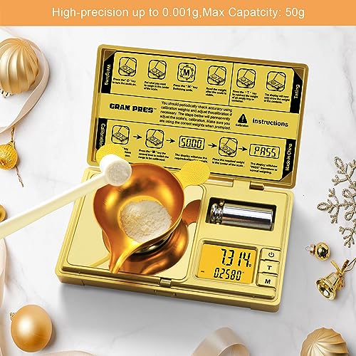 GRAM PRES High Precision Milligram Scale,Digital Mini Pocket Gram Scale | 50g/0.001g Mg Scale For Weighing Powders,Jewelry, Medicine, Gem, Reloading,Gold Scale With Cal Weight, Tweezer And Tray - color: GOLD