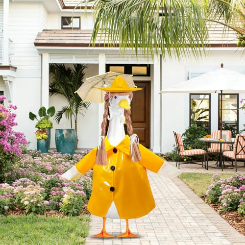4 Pcs Porch Goose Raincoat with Wigs, Outfits and Clothes, Spring Summer Goose Statue Raincoat Costume, 23" Geese Statue Clothes for Patio Yard Lawn Outdoor Decor (Yellow) - color: Yellow