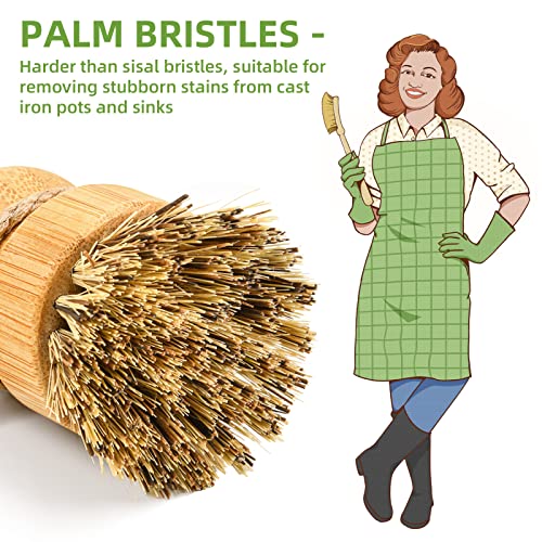 SUBEKYU Bamboo Dish Scrub Brush,Produce Brush,2 Pack with Ceramic Holder | Vegetable Brush,2-Pack Natural Sisal Bristles-2 Soft, 1 Firm,Kitchen Wooden Cleaning Scrubbers Set - color: Sisal + Palm Brush, 2p