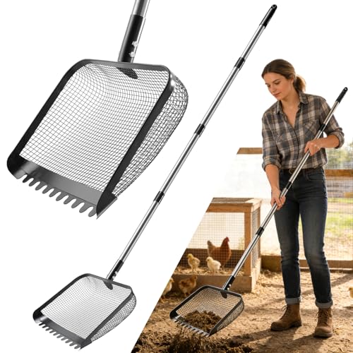 12" Chicken Poop Scooper, Stainless Steel Handle (36–62") | Light weight chicken coop scoop, Litter Scooper & Sand Sifting Shovel for chicken sand, Pet Waste Cleaning，Stables, Gardens