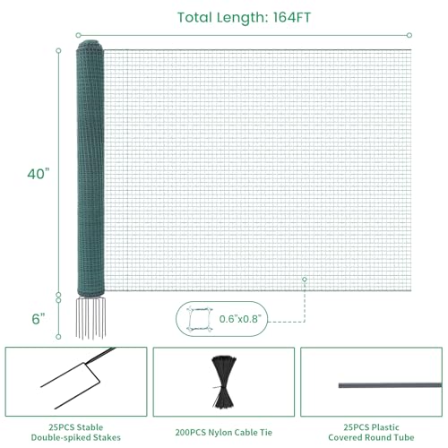 Non Electric Fence Netting 40" x164' Poultry Fence with Double Spiked Post | Portable Poultry Fence All-Purpose Fencing for Dogs, Chickens, Ducks, Turkeys Suitable in Backyard, Garden, Farm - size: 40in x 164ft