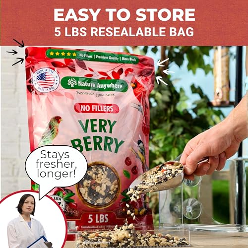 Very Berry Wild Bird Seed for Outside Feeders, Fruit Nut Bird Food, 5 lb | bird seeds for outside wild birds, dried fruit and berries with sunflower hearts, no milo or fillers, made in USA