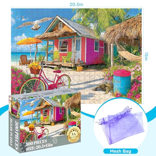 500 Piece Puzzle for Adults, Beach House Jigsaw Puzzle | Colorful Seaside Cottage Puzzle with Palm Trees and Pink Bicycle, Large Piece Puzzles, Fun and Challenging Family Games - style: Red houses on the beach