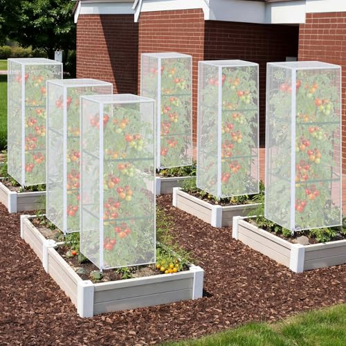 6 Pack Tomato Cage Covers, 18" x 60" Fine Mesh Plant Covers with Zipper & Drawstring, Reusable Garden Netting Protector Against Birds, Insects & Animals for Tomatoes, Peppers, Cucumbers