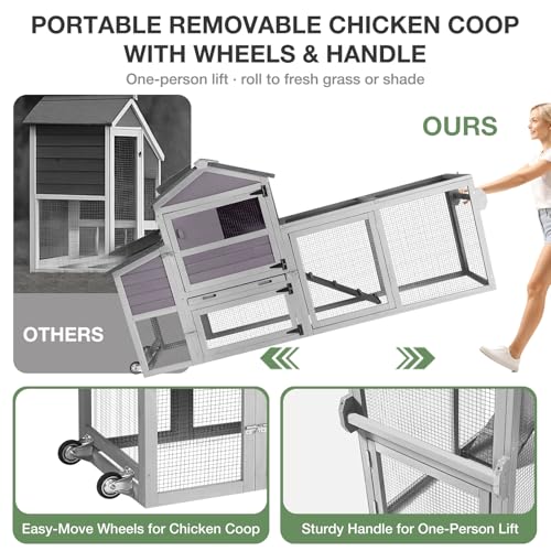 Large Chicken Coop with Wheels, Wooden Hen House with Run & Nesting Box, for 3-5 Chickens, Waterproof Asphalt Roof, Ramp & Leakproof Tray, Expandable - Grey - color: Grey (AIR72)