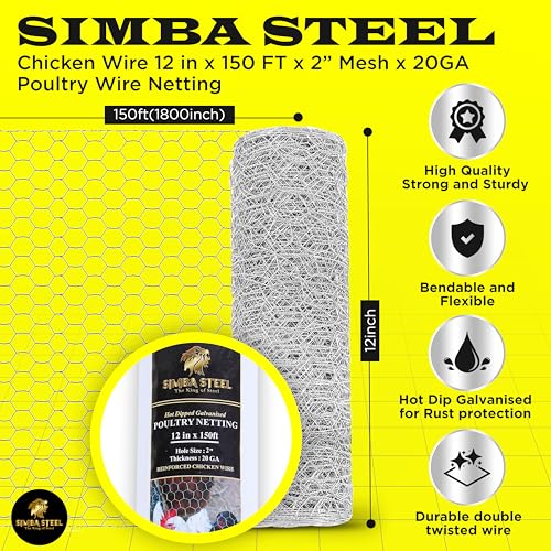 Chicken Wire 12 in x 150 FT x 2” Mesh x 20GA | Poultry Wire Netting | Hot Dipped Galvanised | Hexagonal Galvanized Mesh for Chicken Coop, Rabbit Cage, Fence Barrier PM12x150x2 - style: 12 in x 150 FT x 2 in