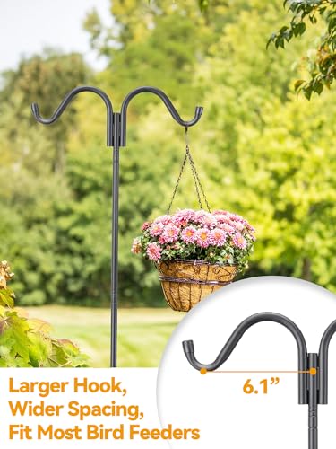 Heavy Duty Double Shepherds Hook for Outdoor, Stable 5-Prong Base, 62 inch Adjustable Height Garden Pole for Bird Feeder, Hanging Plants, Solar Lights, 11/16" Thick Metal Hummingbird Feeder, Anti-Rust - size: 62", Double Hooks