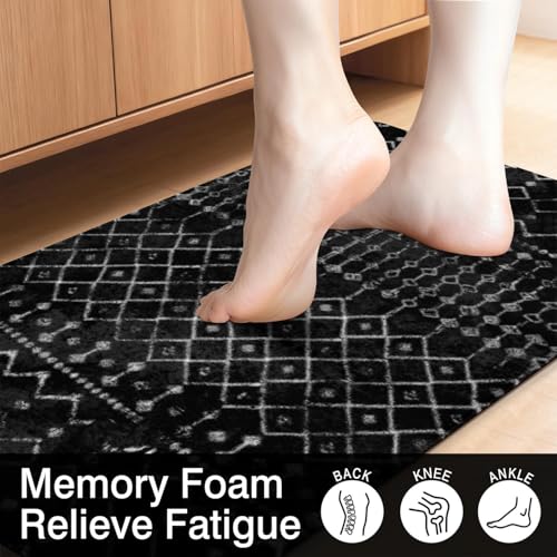 Boho Kitchen Mats for Floor 2PCs, 17.3"x47"+17.3"x29", Black | Non Slip Comfort Washable Waterproof Anti Fatigue Kitchen Rug, Modern Rustic Farmhouse Kitchen Decor for Home, Sink, Laundry - color: Black-2
