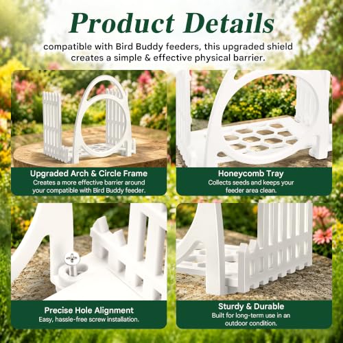 Upgraded Double Arc & Round Anti Perch Fence Compatible with Bird Buddy Feeder, White Large Bird Perch Barrier & Shield Accessories with Mesh Tray, Keep Feeding Area Clear for Small Birds