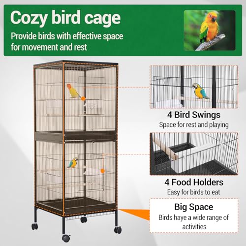Parrot Cage, 55 Inch, 2 in 1, Cockatiel Cage, Parakeet Cage, Bird Cage with Stackable Metal Design, Slide-Out Tray & Wooden Perches, Indoor Birdcage for Canary, Lovebird, Budgie - size: 52.5*50*143cm