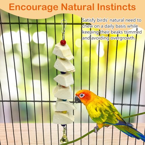 3 Pack Bird Chewing Toy Cuttlebone Parrot Toy with Bell Hanging Bird Beak Grinding Stone Parakeet Cage Accessories for Small & Medium Budgies Lovebirds Cockatiels (Block, 6 Per Skewer) - size: 6 Blocky