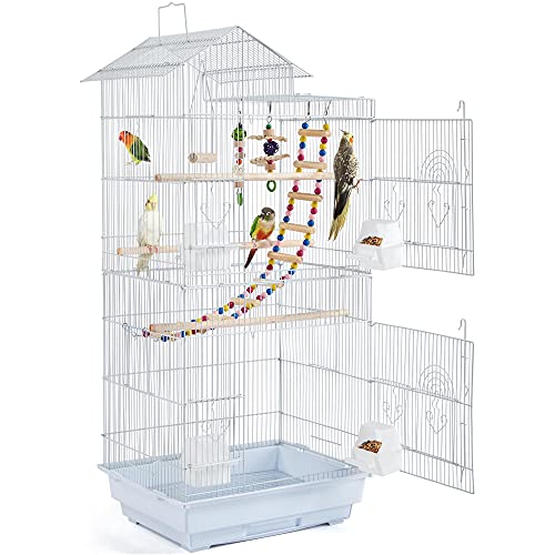 Yaheetech 39-inch Roof Top Medium Parakeet Bird Cages for Cockatiels Conures Finches Budgies Canaries Lovebirds Parakeets Green Cheek Small Birds Parrots, Travel Flight Birdcage w/Toys, White - color: White