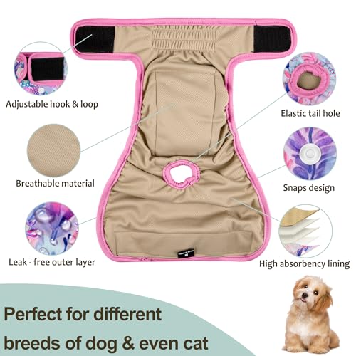 Washable Reusable Female Dog Period Diapers for Heat Doggie Puppy Diapers for Female Dogs, S - color: Colorful and Pink Flowers, size: Small（New Born-11.5“Waist）