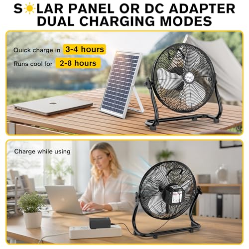 14" Solar Powered Fan with 20W Detachable Solar Panel, Black | Built-in Rechargeable Battery, Portable, 12 Speed, 360° Tilt for Outside, Camping, Greenhouse, Chicken Coop, Patio, gazebo - color: 14" Black