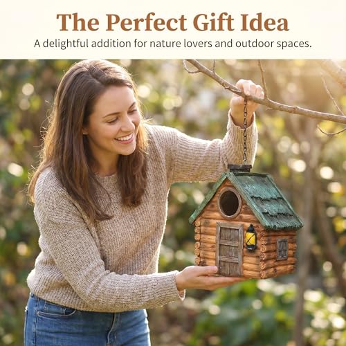 Bird Houses for Outside, with Hanging Chain, Wood-Look Resin Waterproof | Practical Birdhouses for Outdoors, Decorative Bird Cage, Garden Decor for Hummingbird, Bluebird, Cardinal and Other Bird - style: Wood-Look