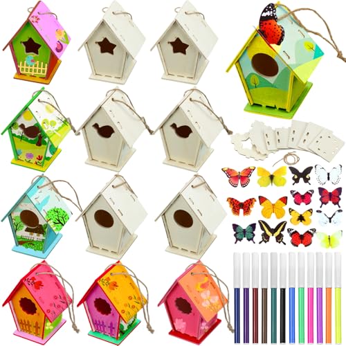 Outus 12 Pcs Wooden Birdhouse Craft Kits to Build, 4 Shapes Wooden Unfinished Bird House with Butterfly Sticker for and Arts Crafts Bulk Painting Kits(Classic Style,3.6×4 Inch) - style: Classic