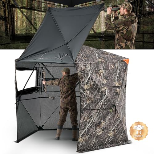 VEVOR Hunting Blind，See Through Ground Blinds with Carrying Bag, 360 Degree Portable Camouflage Tent，Durable Concealed Shelter with Silent Side Door and Window, for Turkey and Deer - size: 6-7 Person（288° See Through ）