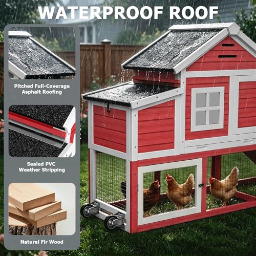 Chicken Coop with Run, Mobile Chicken Coop with Wheels for 4-6 Chickens, Large Outdoor Hen House with Nesting Box, Weatherproof Asphalt Roof, Pull-Out Tray for Small Animals in the Backyard - color: Red