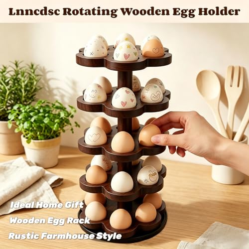 360° Rotating Wooden Egg Holder for 30 Eggs (Brown) | petal-shaped tray, 5 tiers, 6 egg slots per layer, solid wood, farmhouse countertop organizer, for kitchen and Easter display - color: Brown
